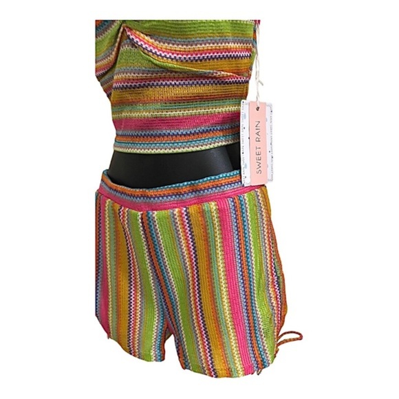 2pc rainbow multicolored crochet mesh look tank top & side tie shorts set size S - Picture 13 of 13
